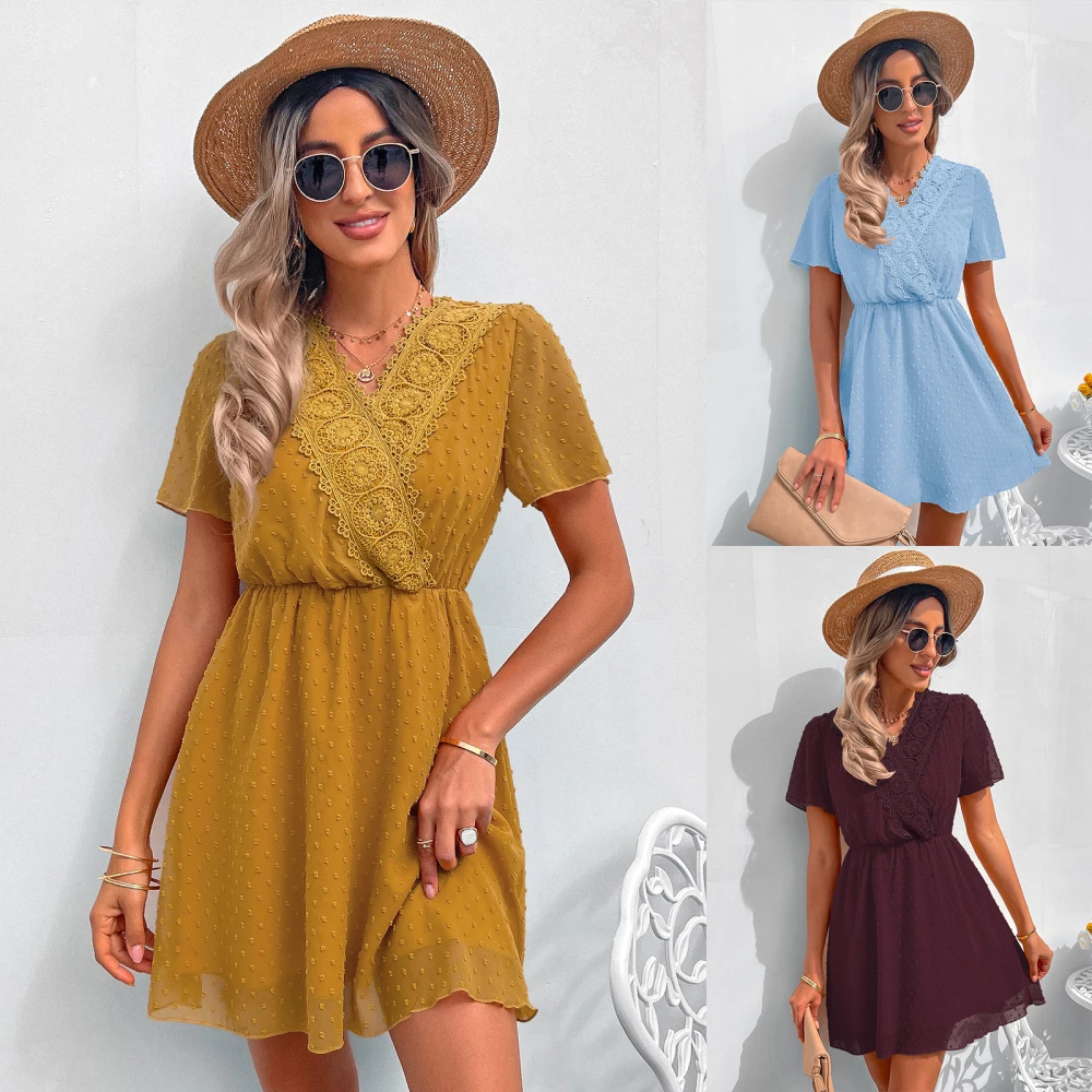 European And American Women's V Neck Yellow Silk Polka Dot Dress