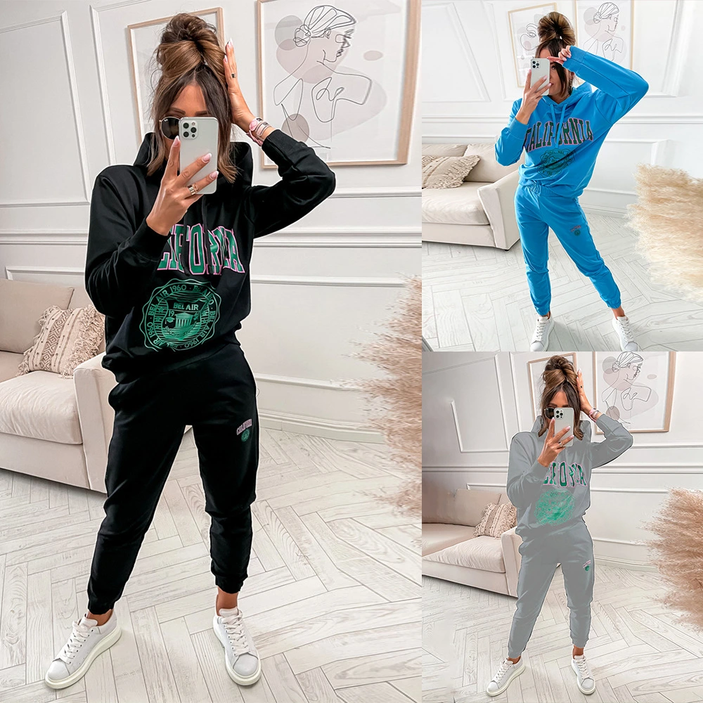 Fashion Letter Print Hooded Long Sleeve Casual Suit Women