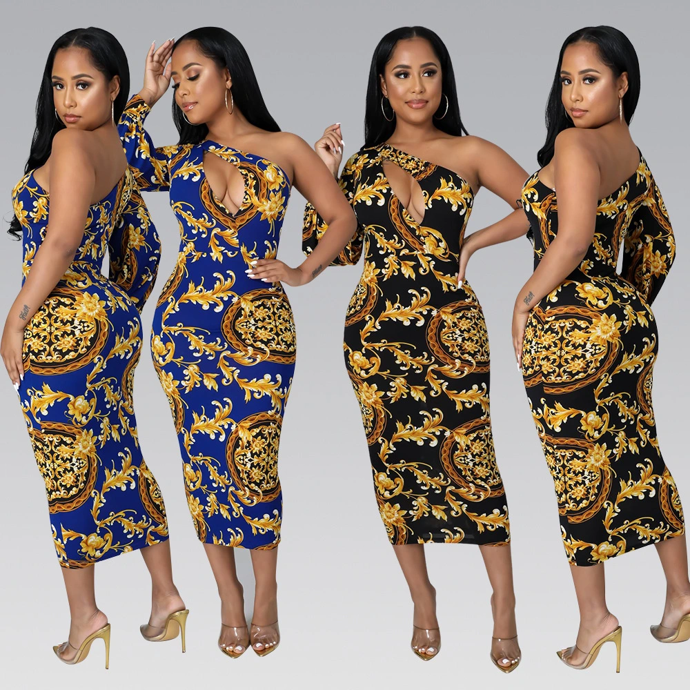 Ashion Sexy Printed Slant Collar Off-The-Shoulder Slim Dress