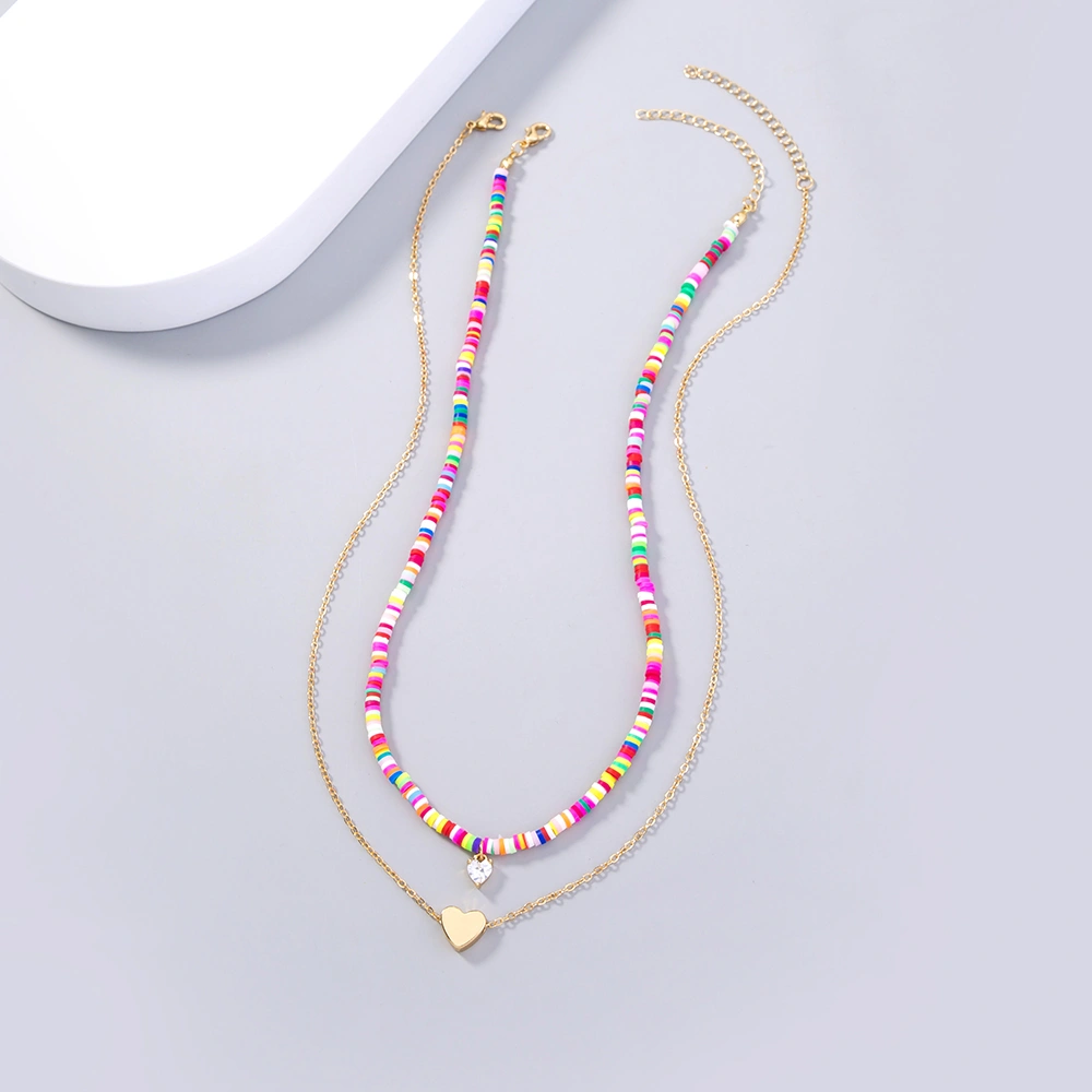 Colorful soft pottery bronze heart Zircon multi-layer necklace