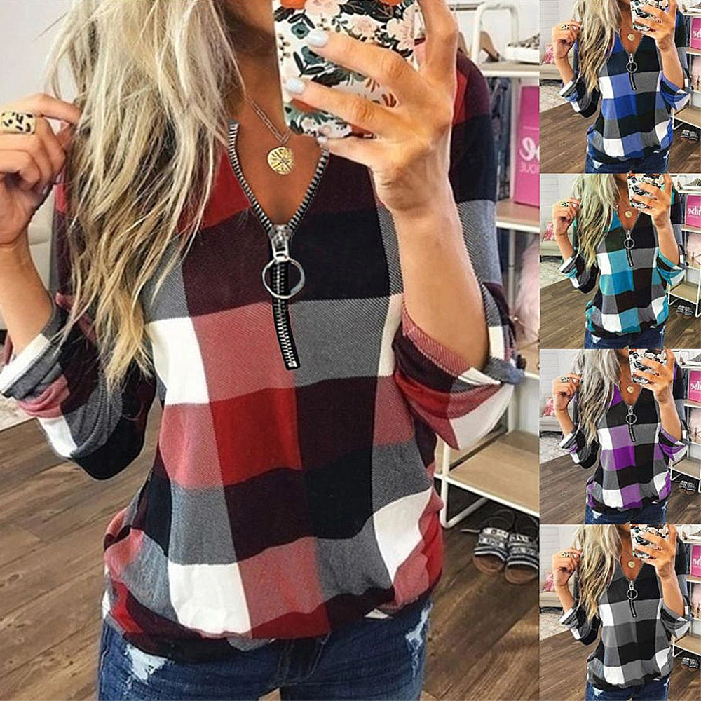 Women's Plaid Print Zip V-Neck Long Sleeve Loose Shirt