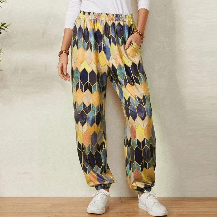 Women's High Waist Loose Wide Leg Pants Vintage Geometric Print