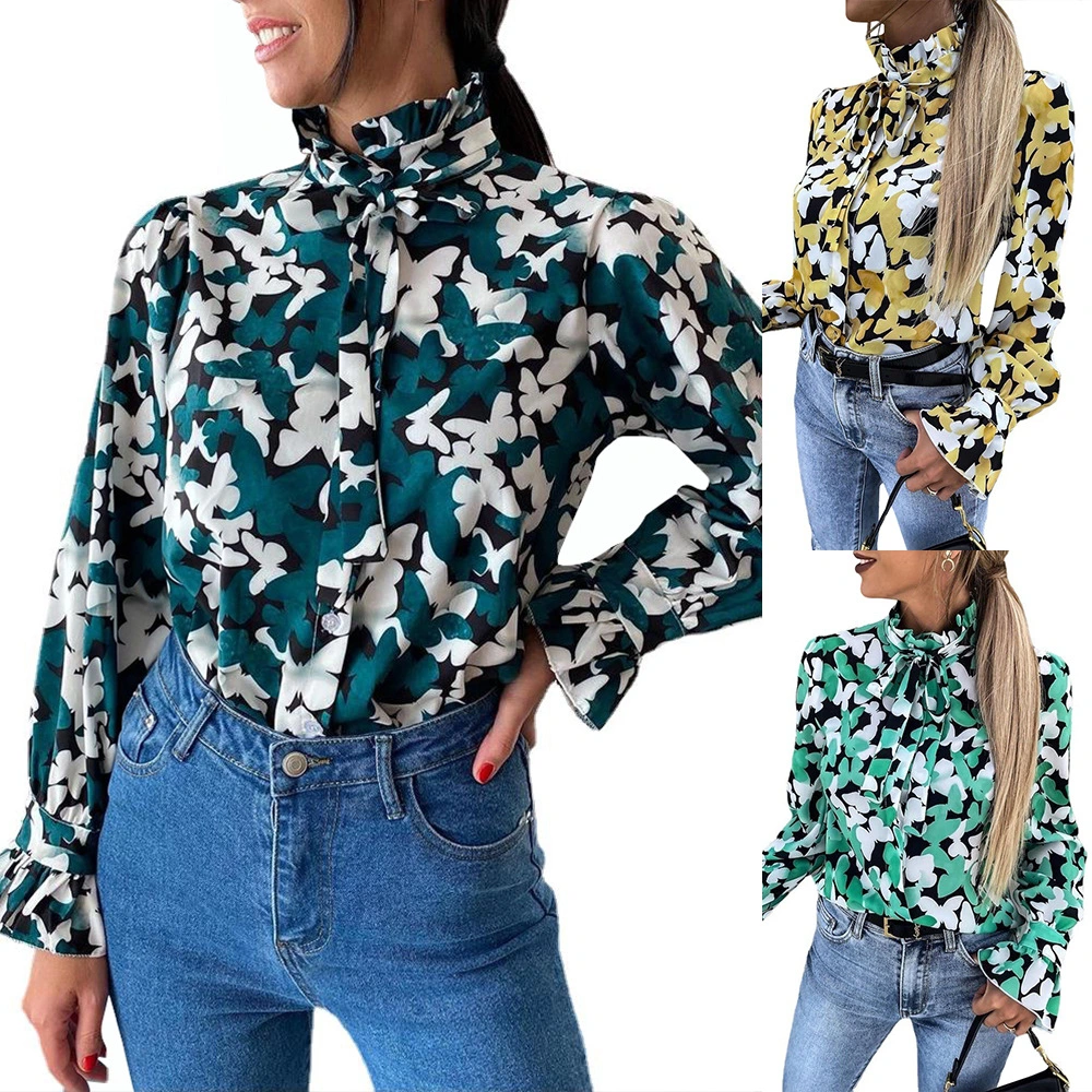 Fashion Butterfly Print Long Sleeve Loose Casual Shirt