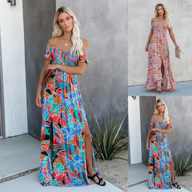 The New One Word Collar Tube Top Waist Slit Bohemian Dress