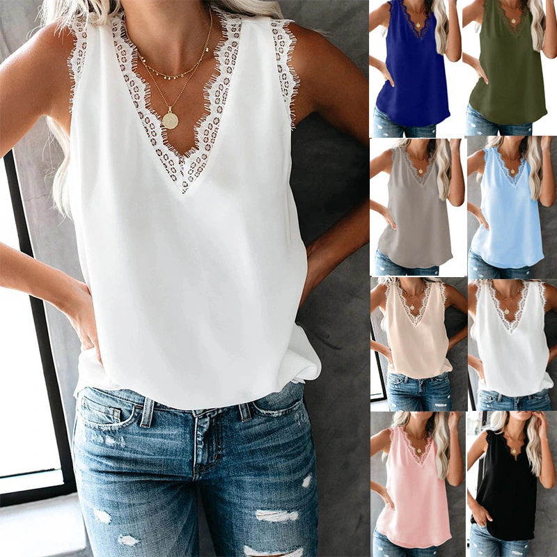 Women's V-Neck Eyelash Lace Sleeveless Loose Top