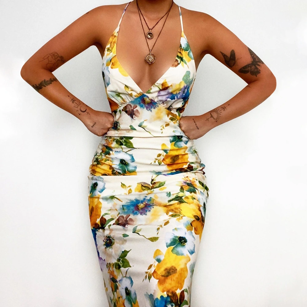 Women's Printed Halter Backpack Hip Dress