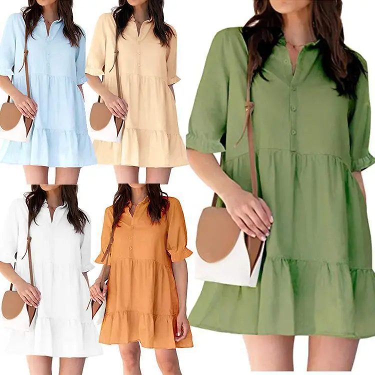 Women's Puff Sleeve Ruffle Hem Button Casual Dress