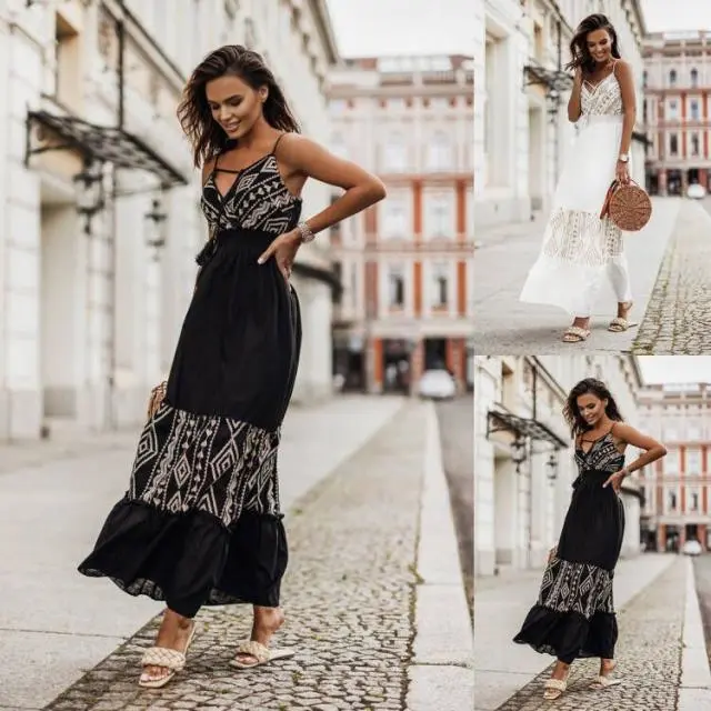 Women's Embroidered Print Sling Waist Dress