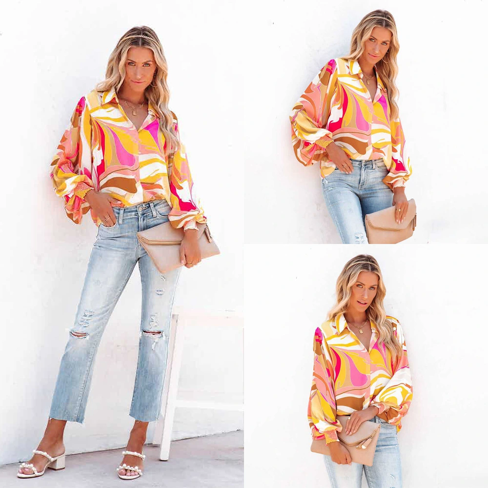 Women's Printed Balloon Sleeve Lapel Cardigan Single Breasted Casual Shirt