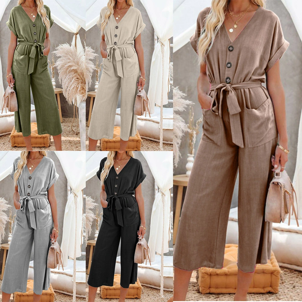 V-Neck Button High Waist Tie Loose One Piece Wide Leg Pants