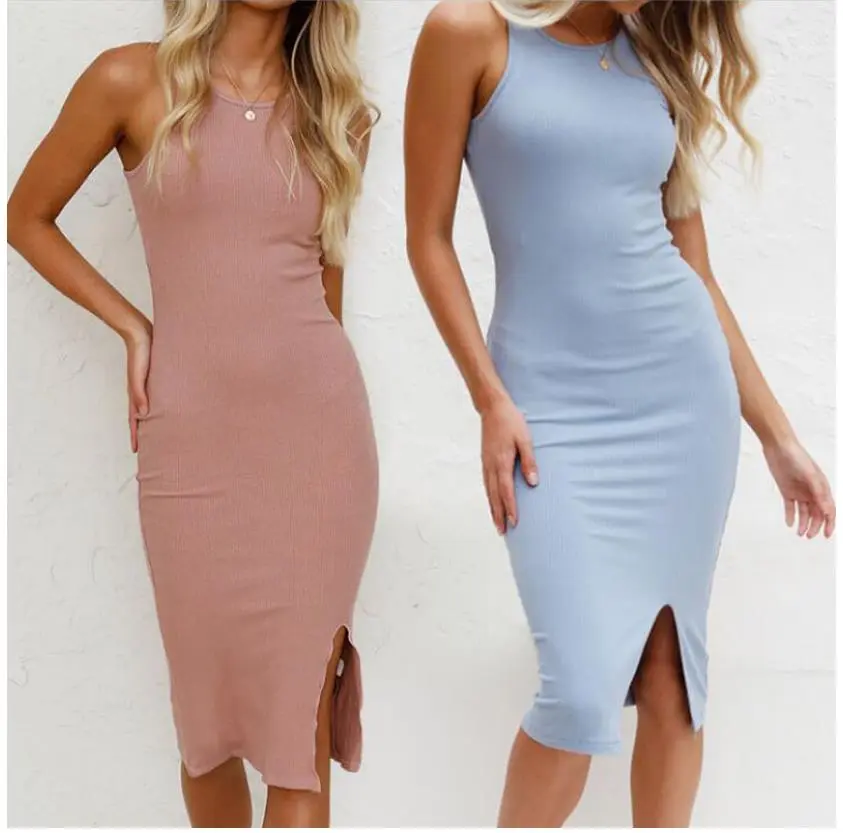European And American Women's Solid Color Vest Long Knitted Slit Dress