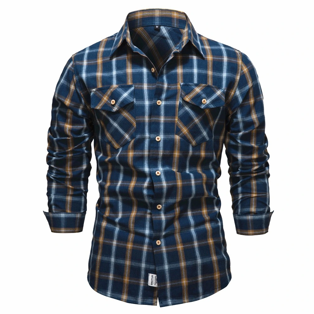 Men's Pocket Trim Long-Sleeve Lapel Shirt Youth Casual Plaid TOP