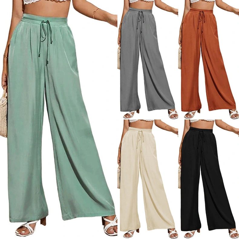 Women's High Waist Solid Color Elastic Waist Tie Loose Wide Leg Pants