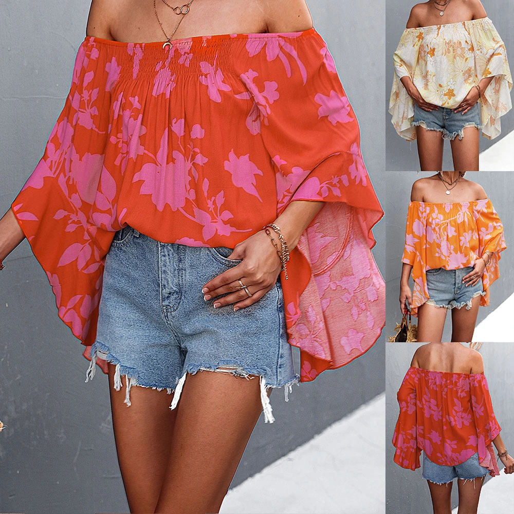 European And American Women's New Printed T-shirt Shoulder Flared Sleeves Loose Casual Pullover Top