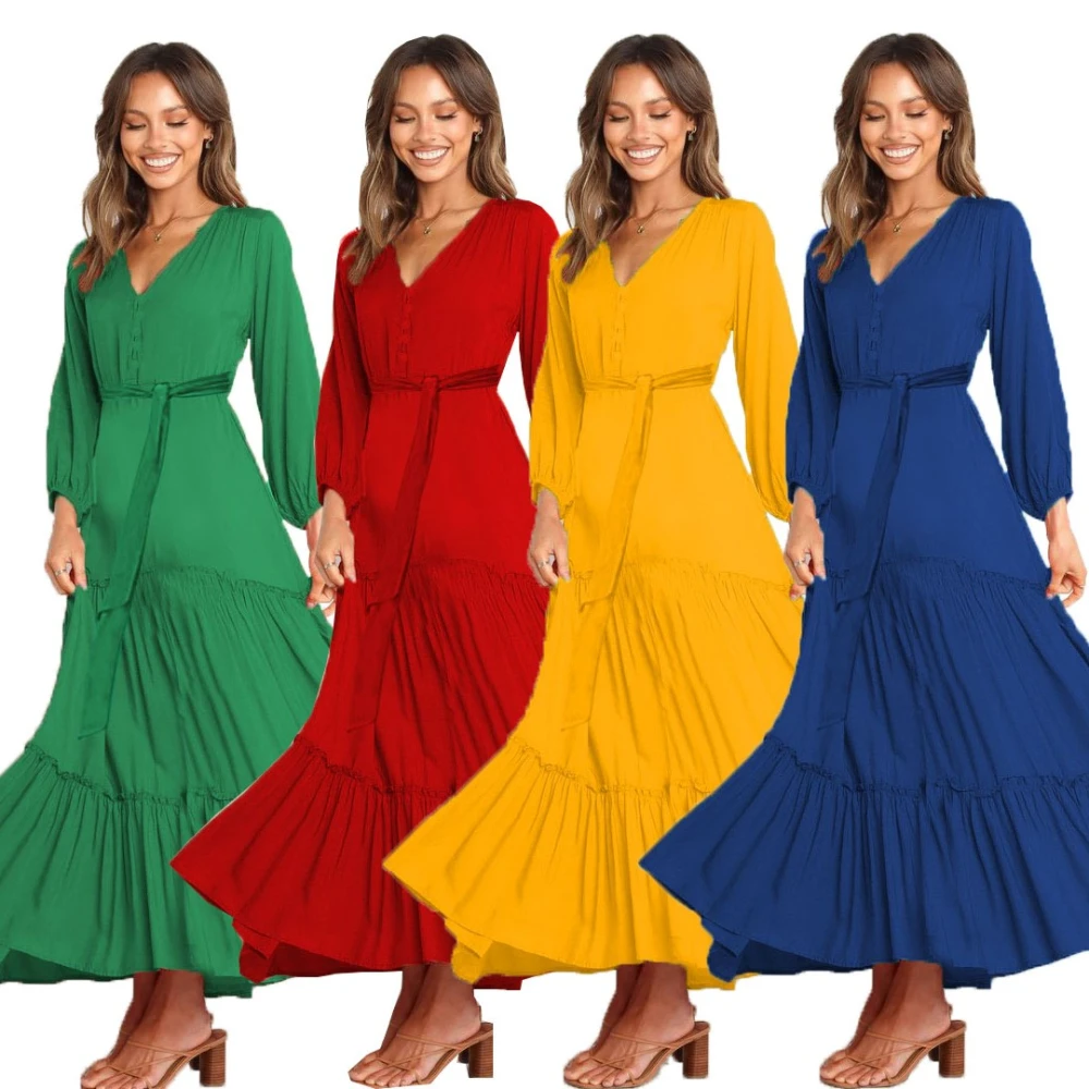 European And American Button V-neck Stitching Simple Fashion Dress