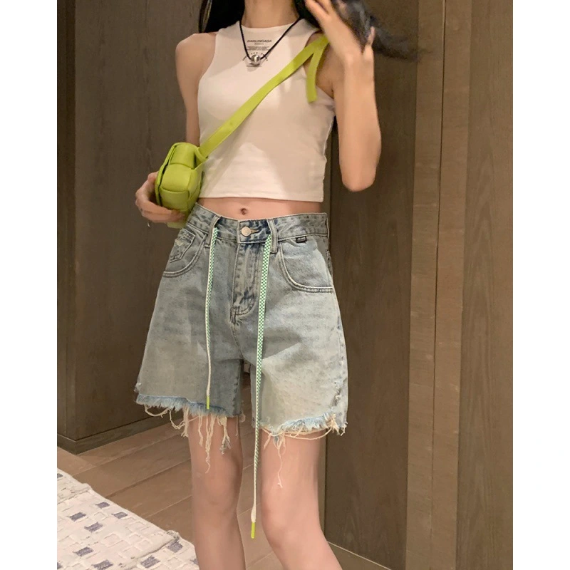 Washed Raw Edge High Waist Slim Wide Leg Denim Shorts Women