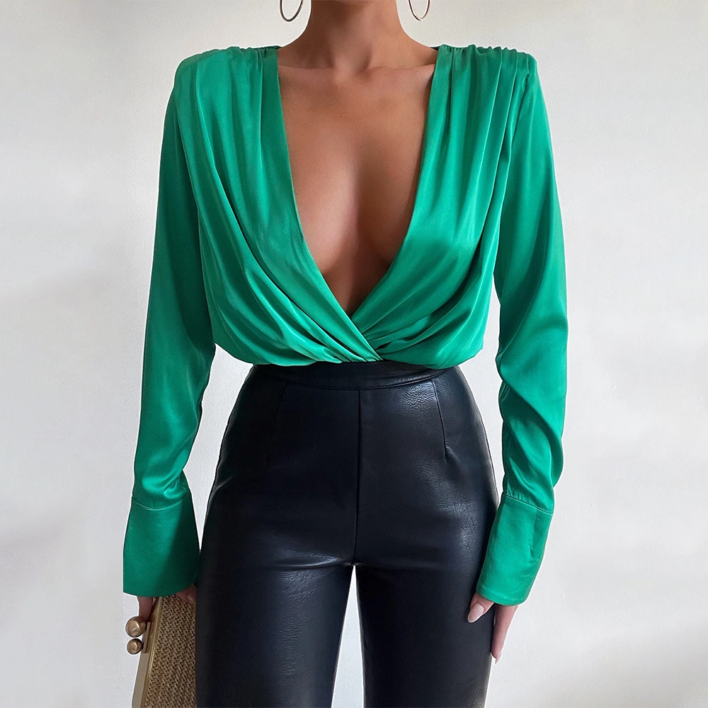 New Spice Girls Tops High Waist Mid Length One Piece Loose V-Neck Long Sleeve T-Shirts
