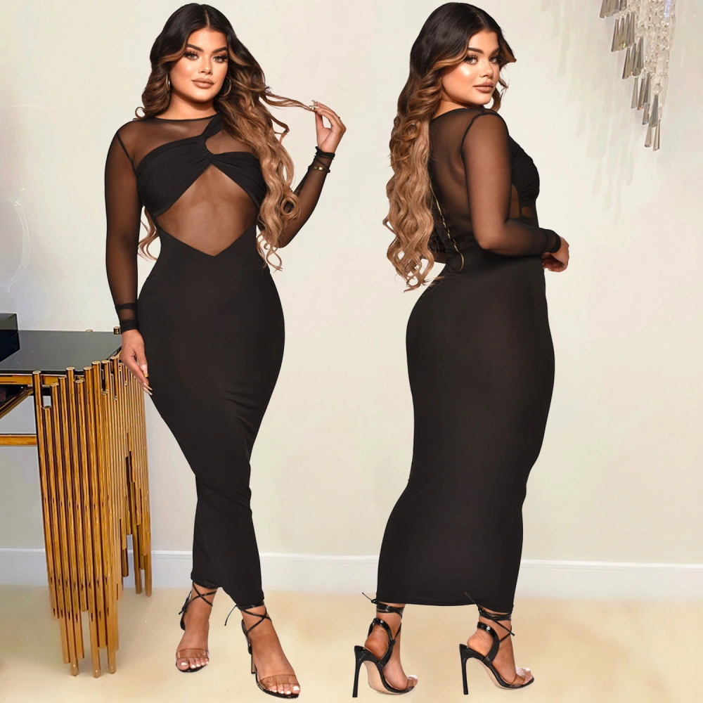 Women's Skinny Mesh Sheer Solid Color Long Sleeve Dress