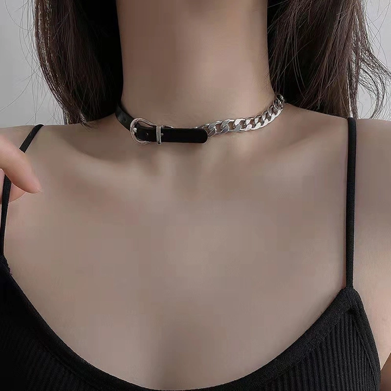 Punk Titanium Steel Cuban Chain Leather Choker Necklaces For Women