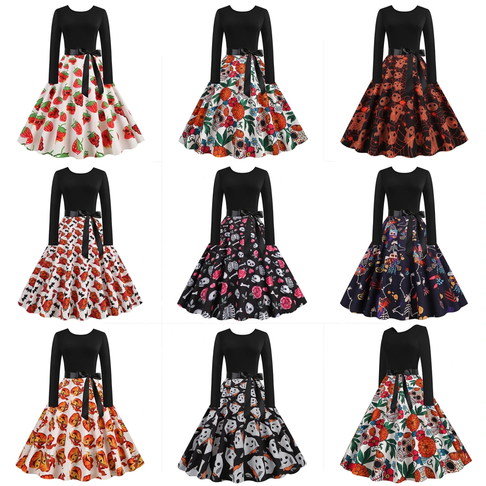 Halloween Skull Print Dress Vintage Crew Neck High Waist Lace Up Midi Dress