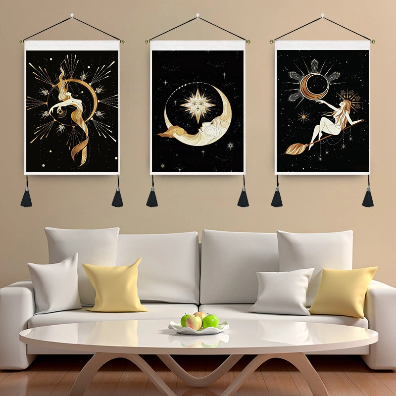 New Moon And Girl Starry Sky Background Wall Painting Tapestry