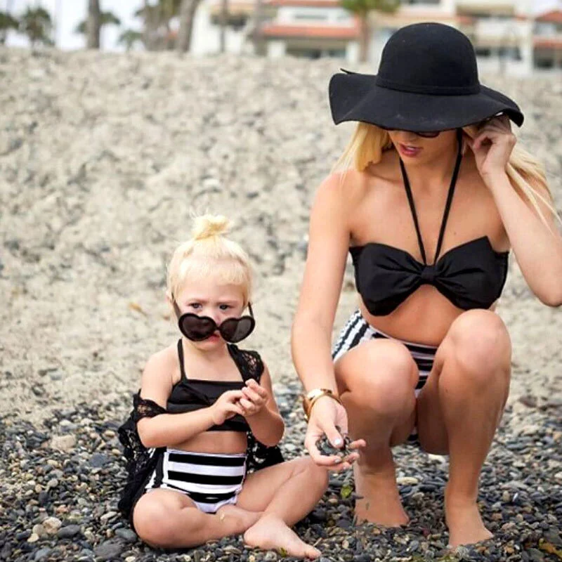 Parent-Child Beach Bikini Printed Striped Split Swimsuit