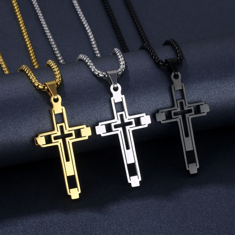 Hip Hop Titanium Steel Hollow Double Cross Pendant Necklace