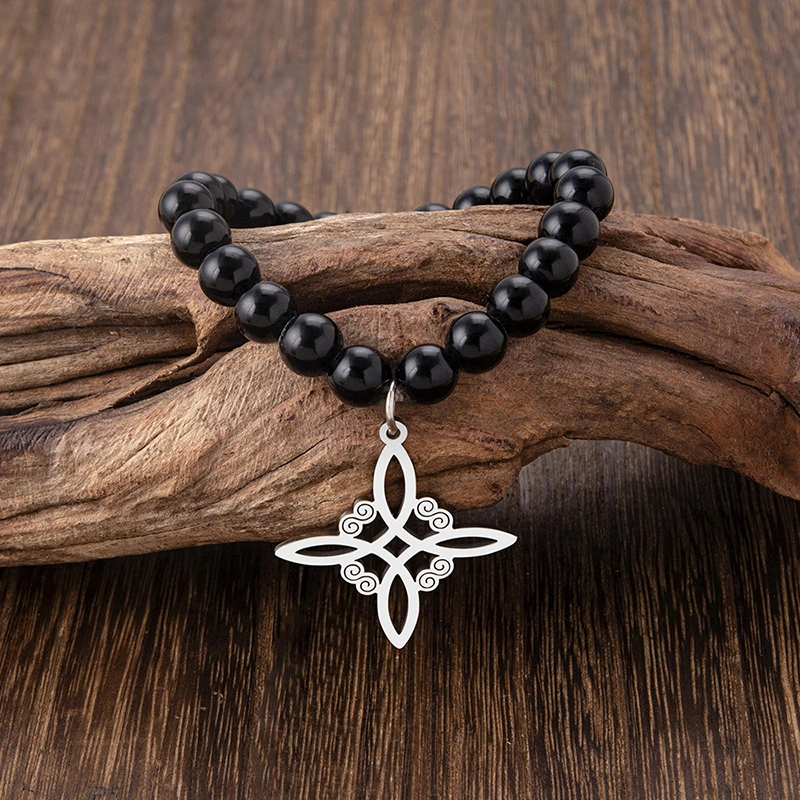 Stainless Steel Witch Irish Knot Charm Beaded Bracelet Black Celtic Knot Elastic Bracelets