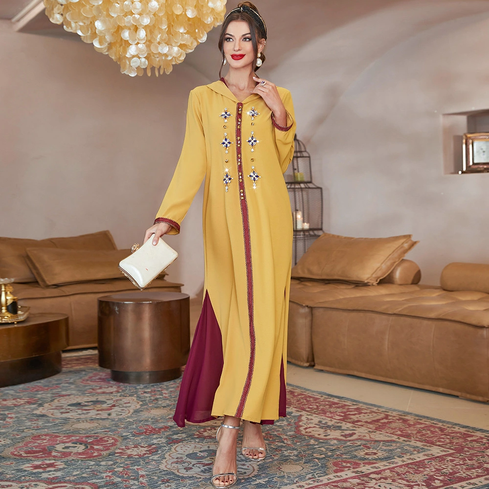 Yellow Hem Stitching Dark Red Mesh Dress