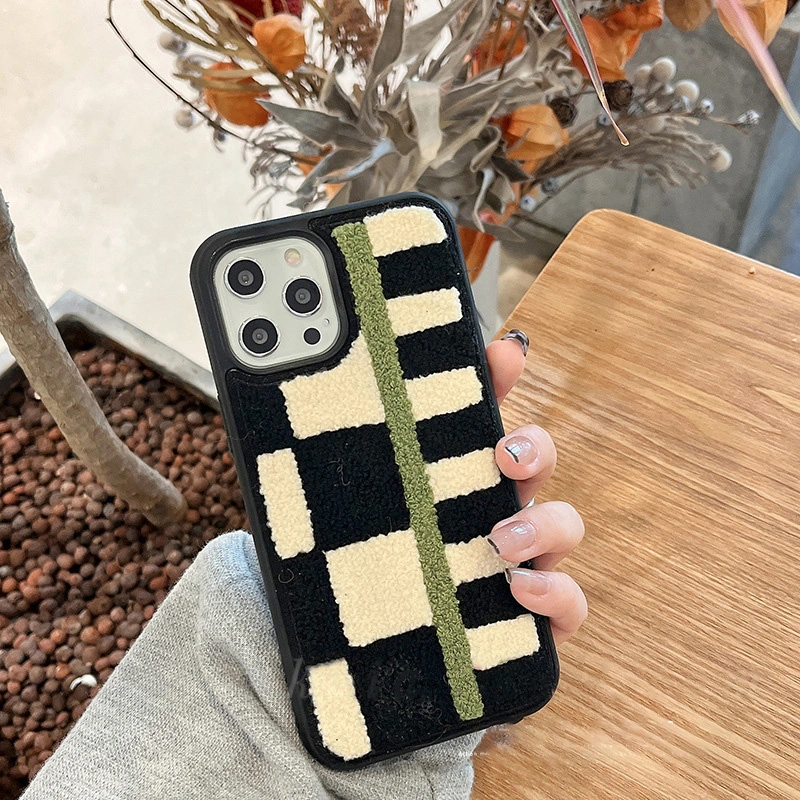 Plush Checkerboard Phone Case Silicone Embroidered Velvet Fabric