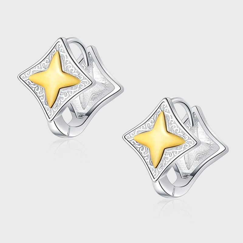 S925 Sterling Silver Gold Silver Contrast Four Bright Star Old Flower Tang Grass Ear Buckle Earrings