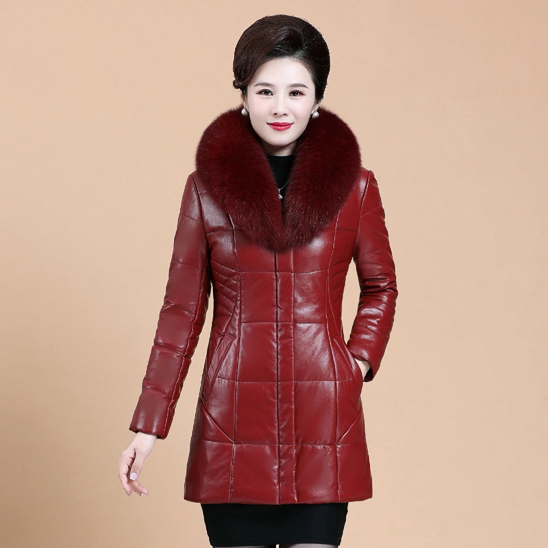 Women's Medium Long Fur Collar Thickened Large Leather Down Jacket