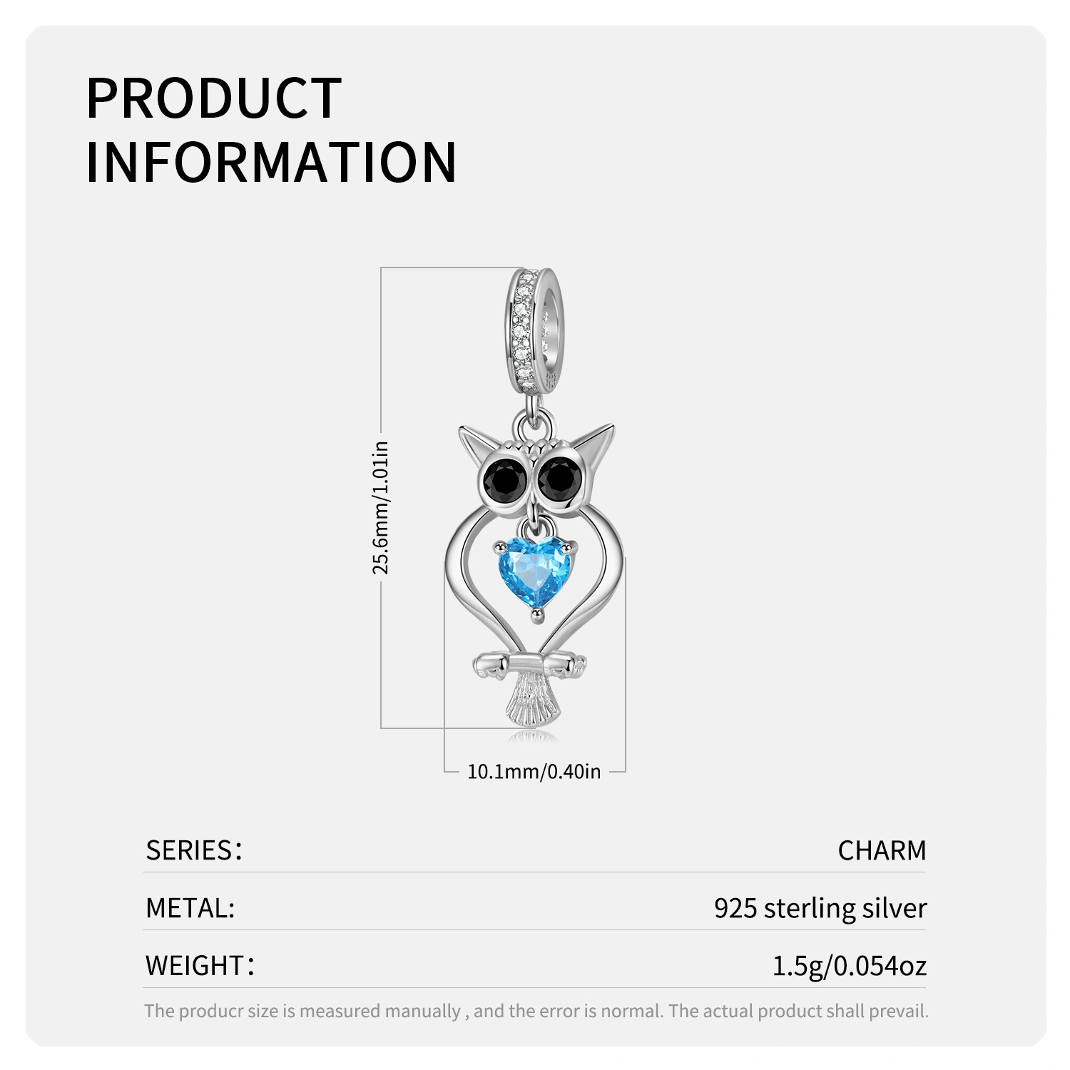 925 Silver Zirconium Blue Heart Owl Pendant Diy Beaded Bracelet Accessories