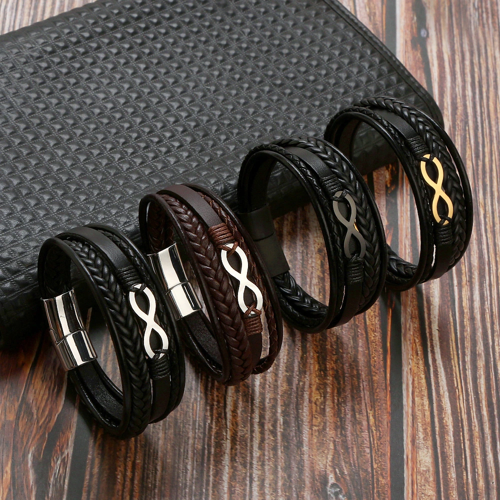 Cowhide Stainless Steel Men's 8-word Multi-layer Magnetic Buckle Bracelet