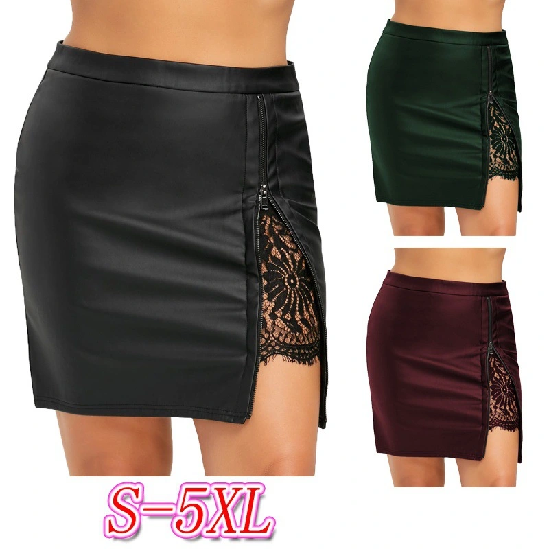 Lace Stitching Hip Half Waist Leather Skirt Women