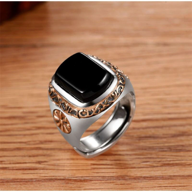 New 925 Silver Vintage Black Agate Ring