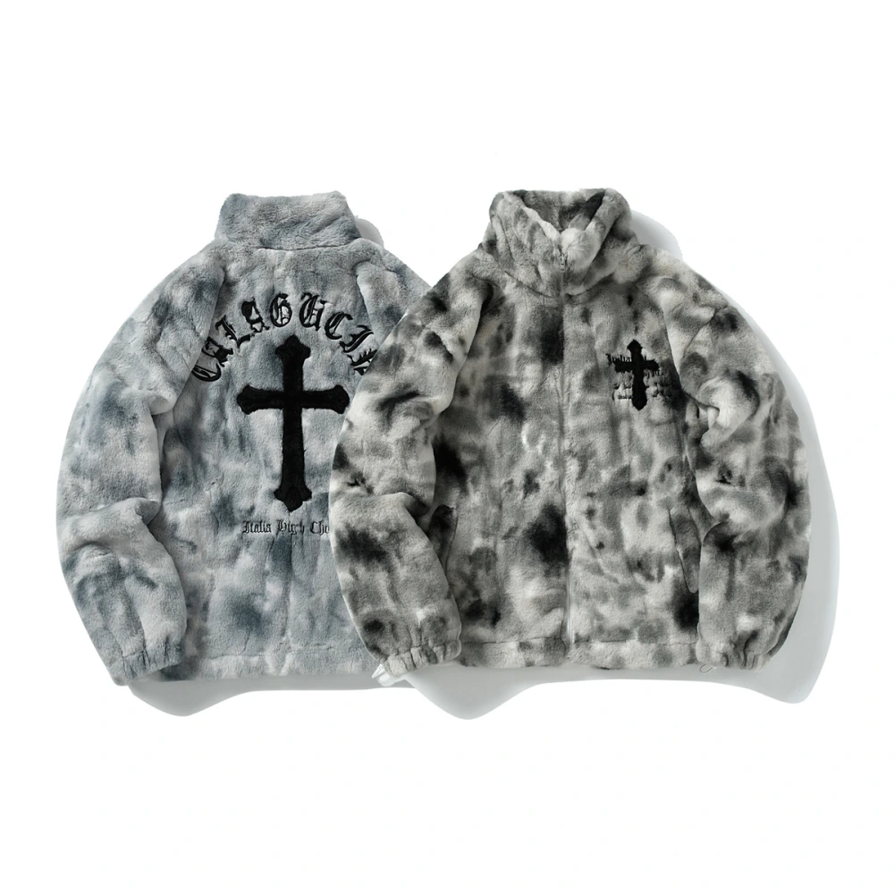 Tie-dye Gradient Plush Cross Embroidery Coat