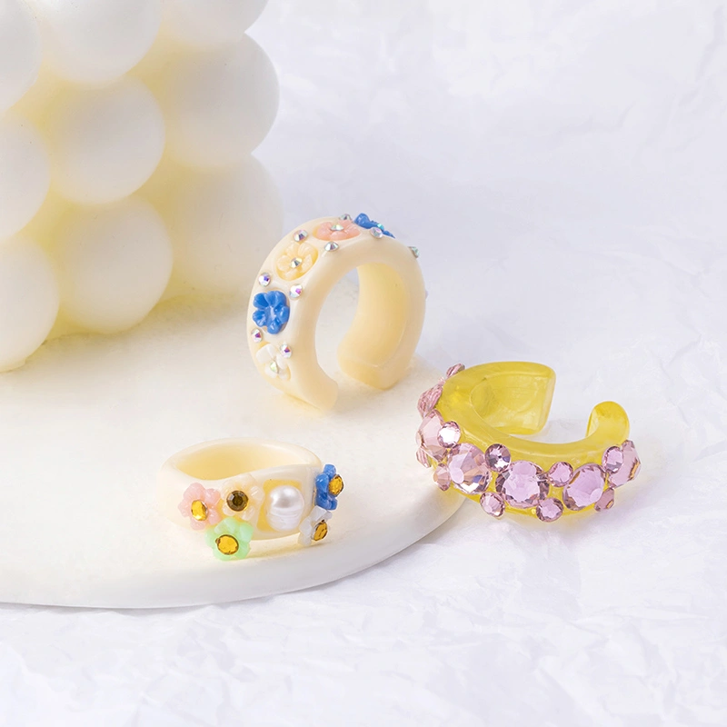 Cute Crystal Flower Acrylic Resin Ring Aesthetic Jewelry