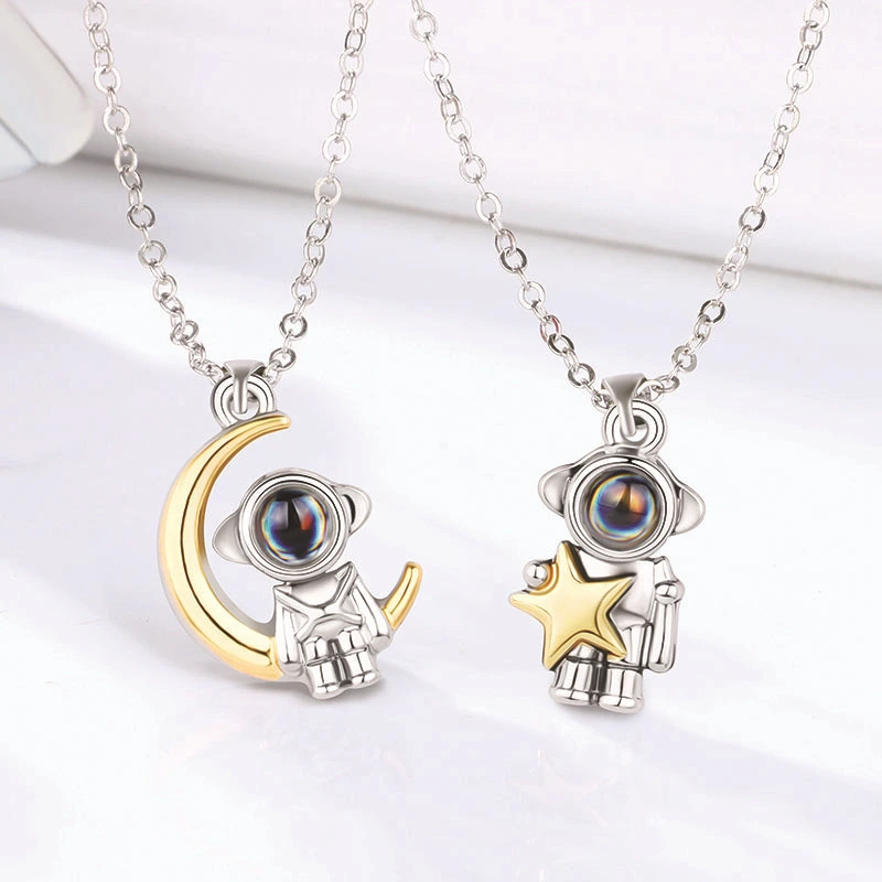 Creative Astronaut Star Moon Projection Stone 100 Language Couple Necklace