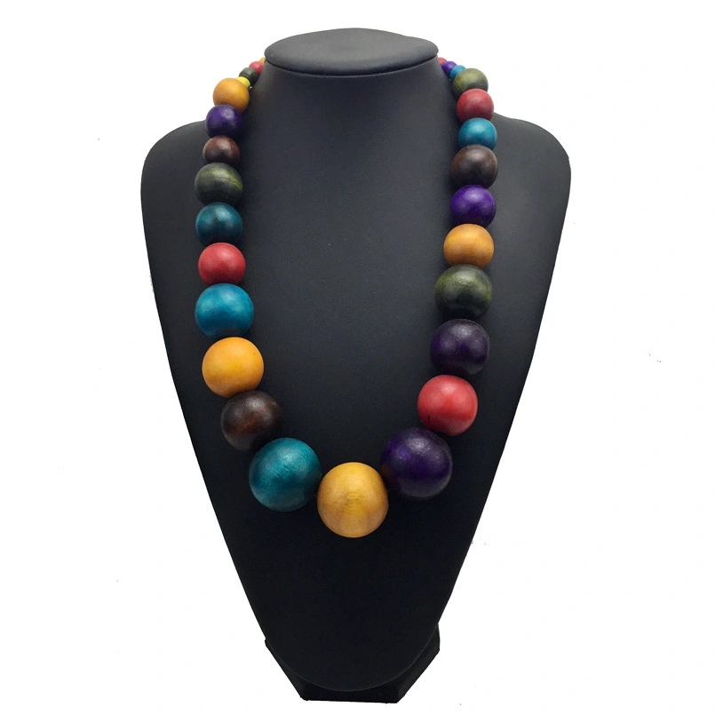 European And American Fashion Wooden Bead Long Necklace Bohemian Women's Colorful Large Beaded Pendant Necklace