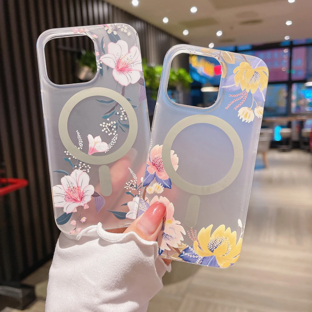 Magnetic Suction Clear Frosted Flower Phone Case