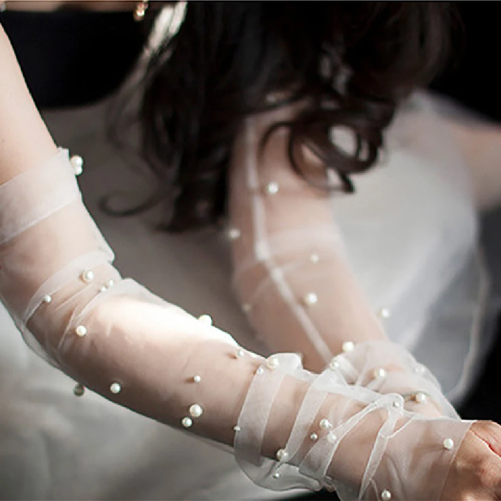 Bridal Wedding Dress Pearl Mesh Gloves White Yarn