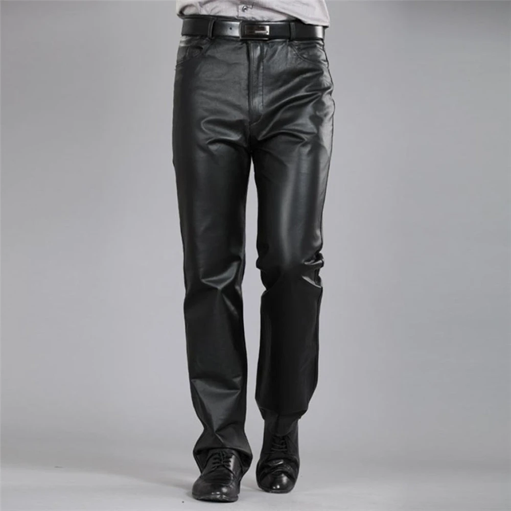 Men's Genuine Leather Straight Slim Fit Trousers Thickened And Warm