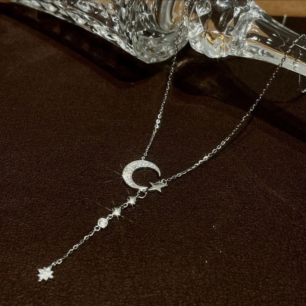 Inlaid Zircon Moon Star Collarbone Chain Sweet Lady And Exquisite Star And Moon Tassel Necklace