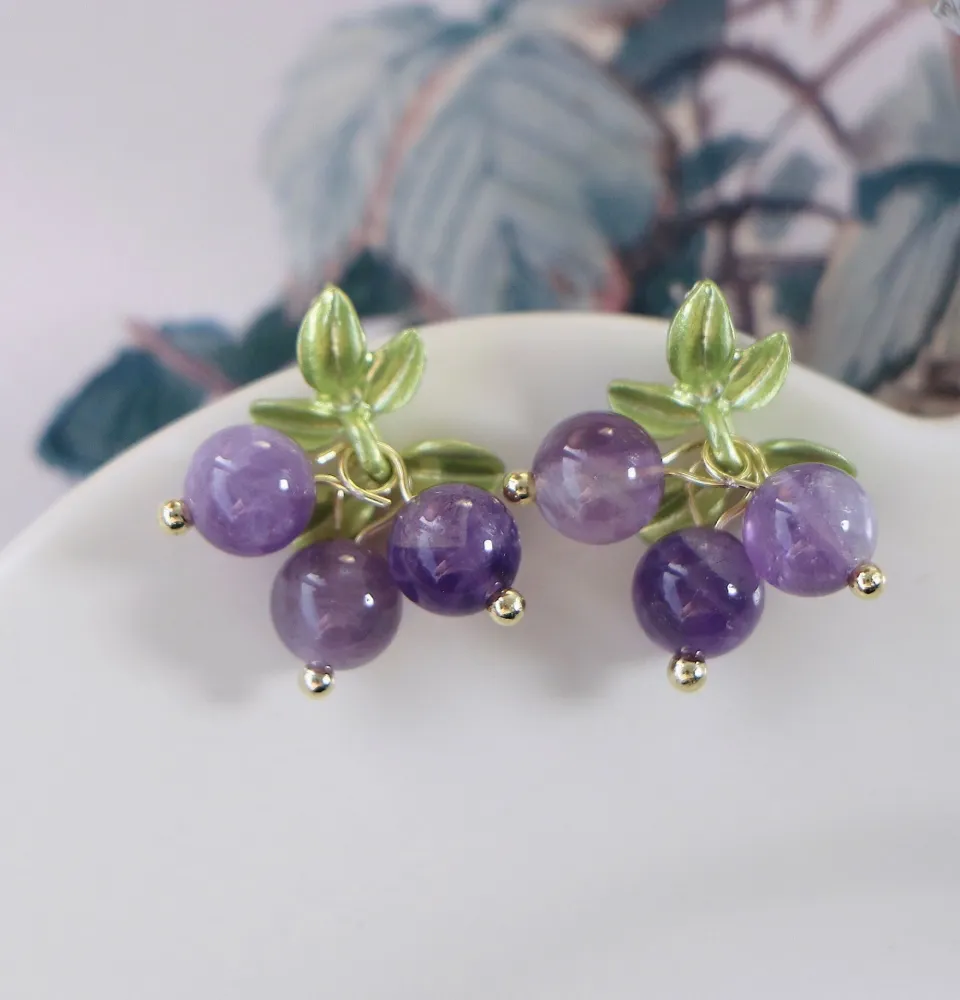 Female Purple Blueberry Fruit Beaded Earrings