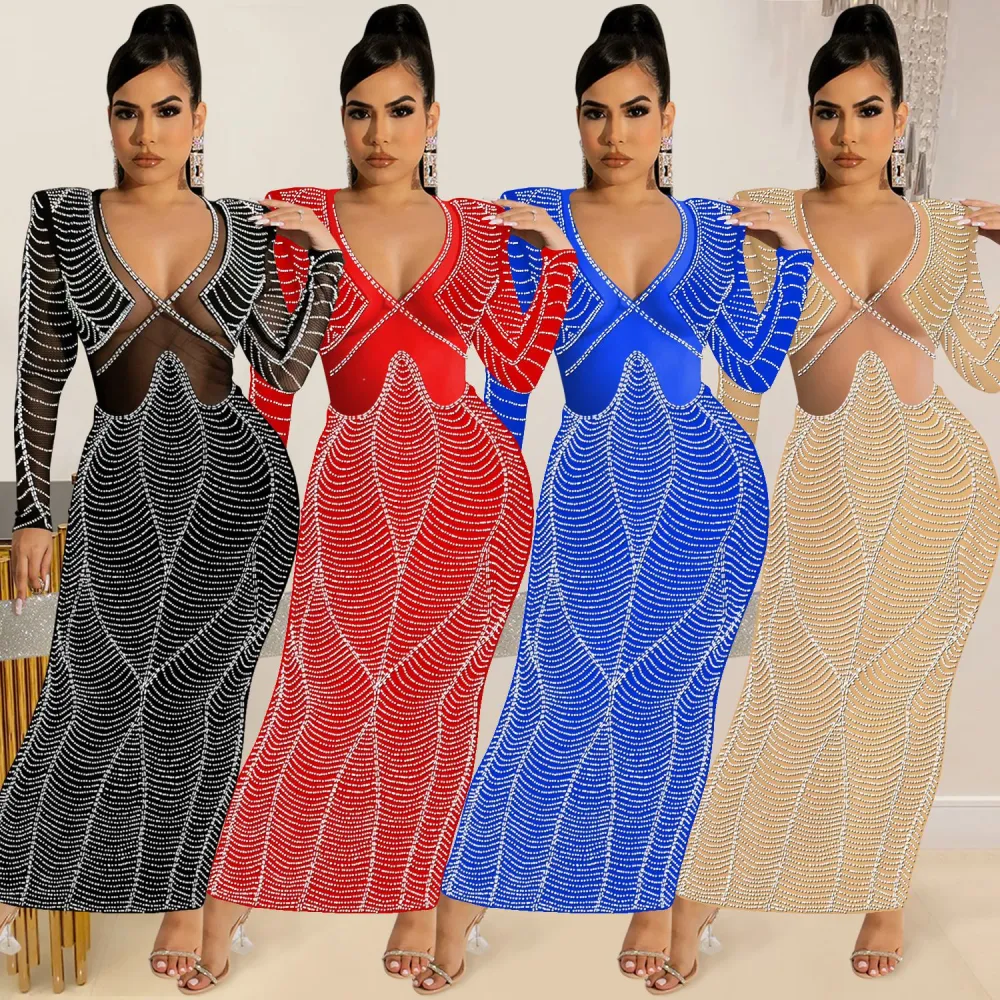Scalded Mesh V-Neck Long Sleeve Long Dress Women