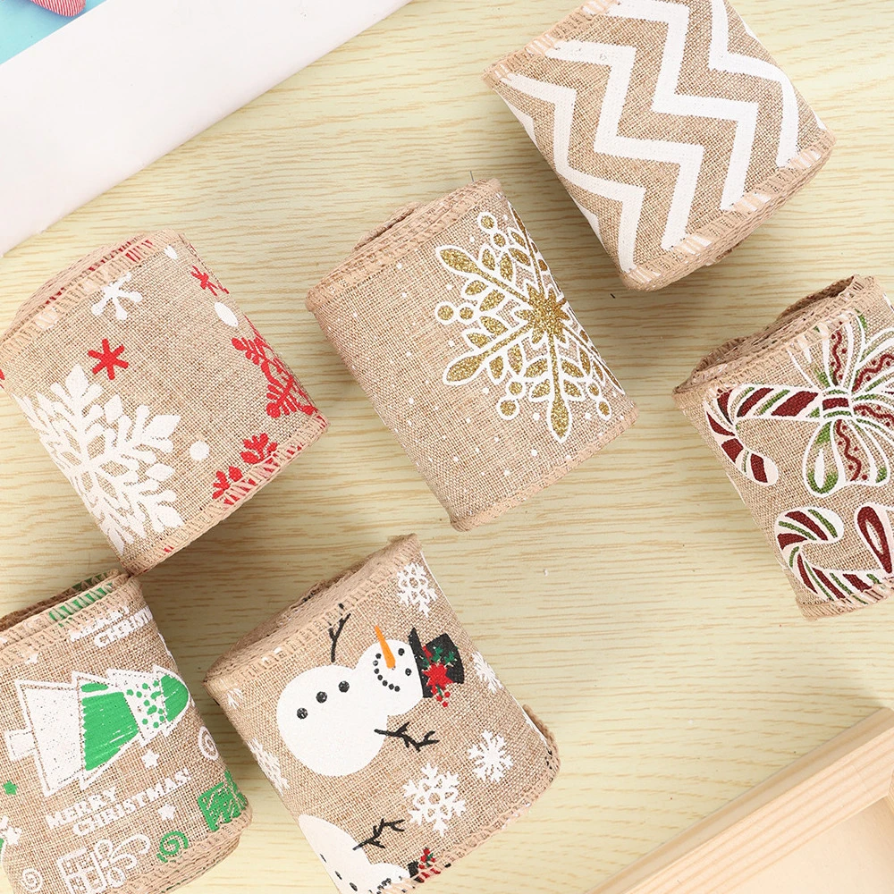 Christmas Decoration Printing Linen Ribbon Cloth Roll Satin