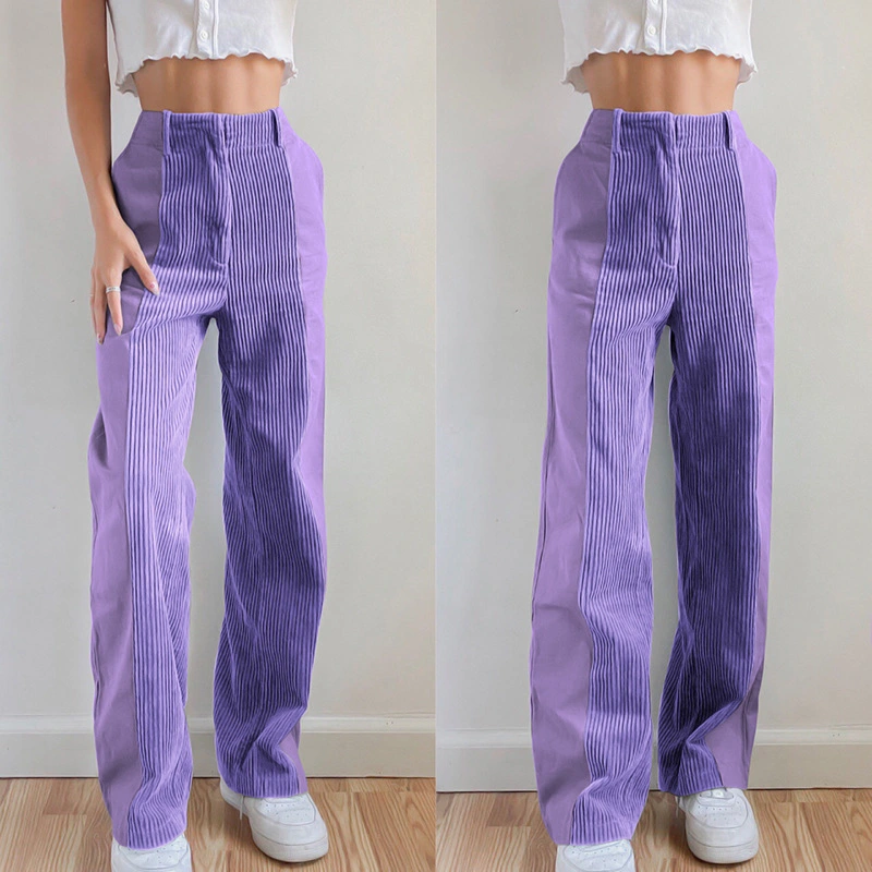 Women's Color Matching Casual Pants Solid Color Corduroy Pants