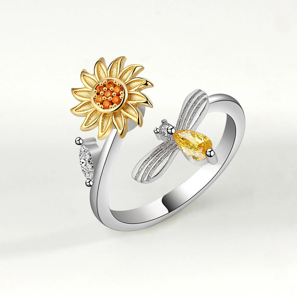 Adjustable Sunflower Rotating Ring With Diamonds Simple