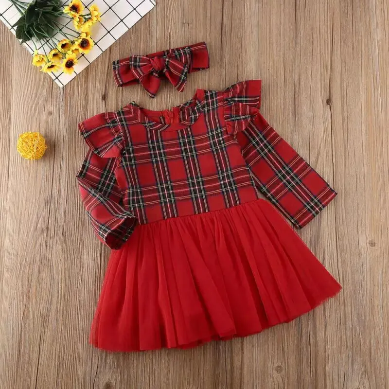 Christmas Toddler Baby Girl Striped Princess Party Tulle Dress Headband Red Stitching Clothing